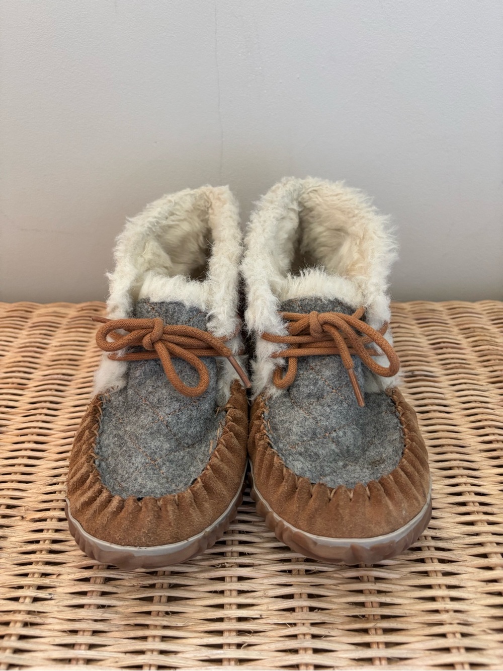 Sorel Gray Felt and Brown Faux-Fur Moccasin Slippers